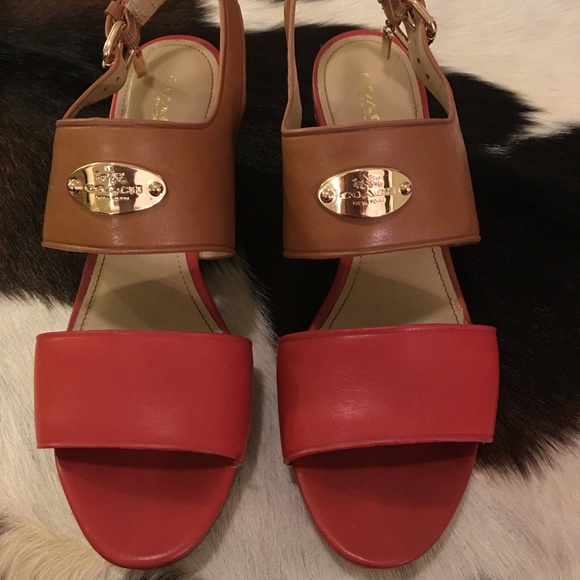 Coach Shoes - SOLD!! COACH Tan & Coral wedge with buckle close
